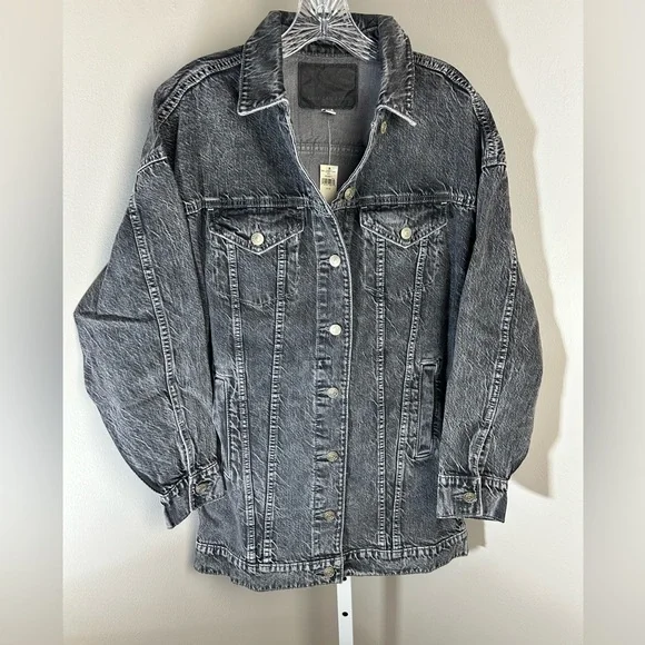 American Eagle Women's Oversized XS Black Acid Dark Wash Long Denim Jacket - Picture 3 of 9